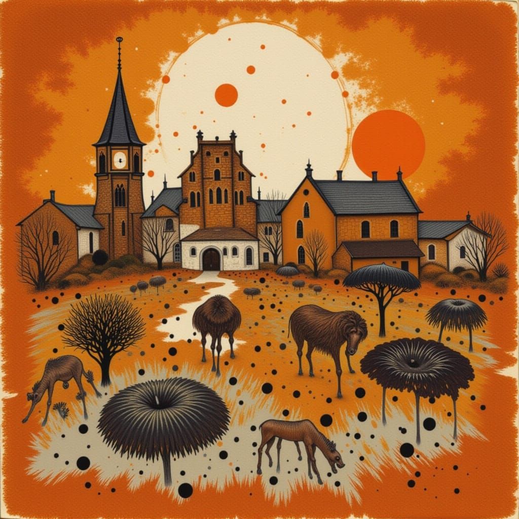 Coffee Stain Sunset Meadow Landscape