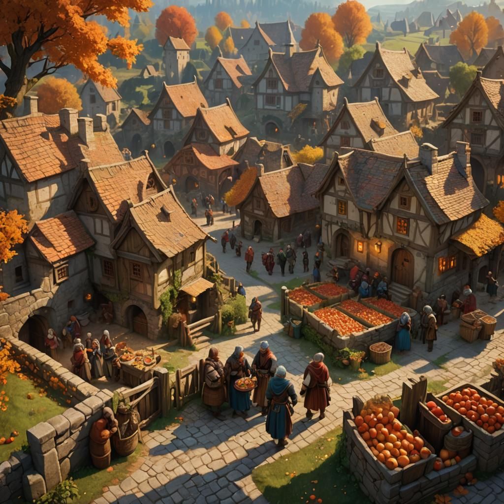 Medieval Village Apple Harvest in Fantasy Landscape