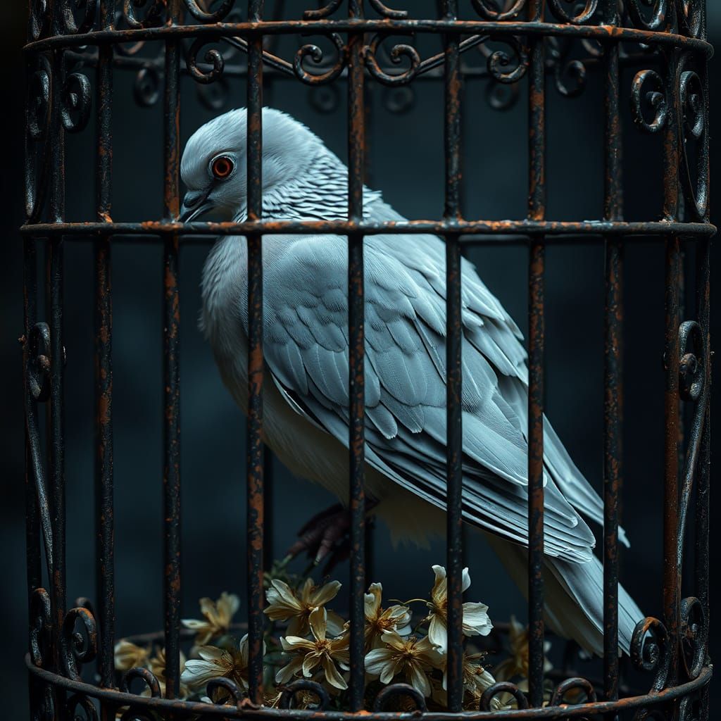 Sorrowful Dove Trapped in Gothic Cage