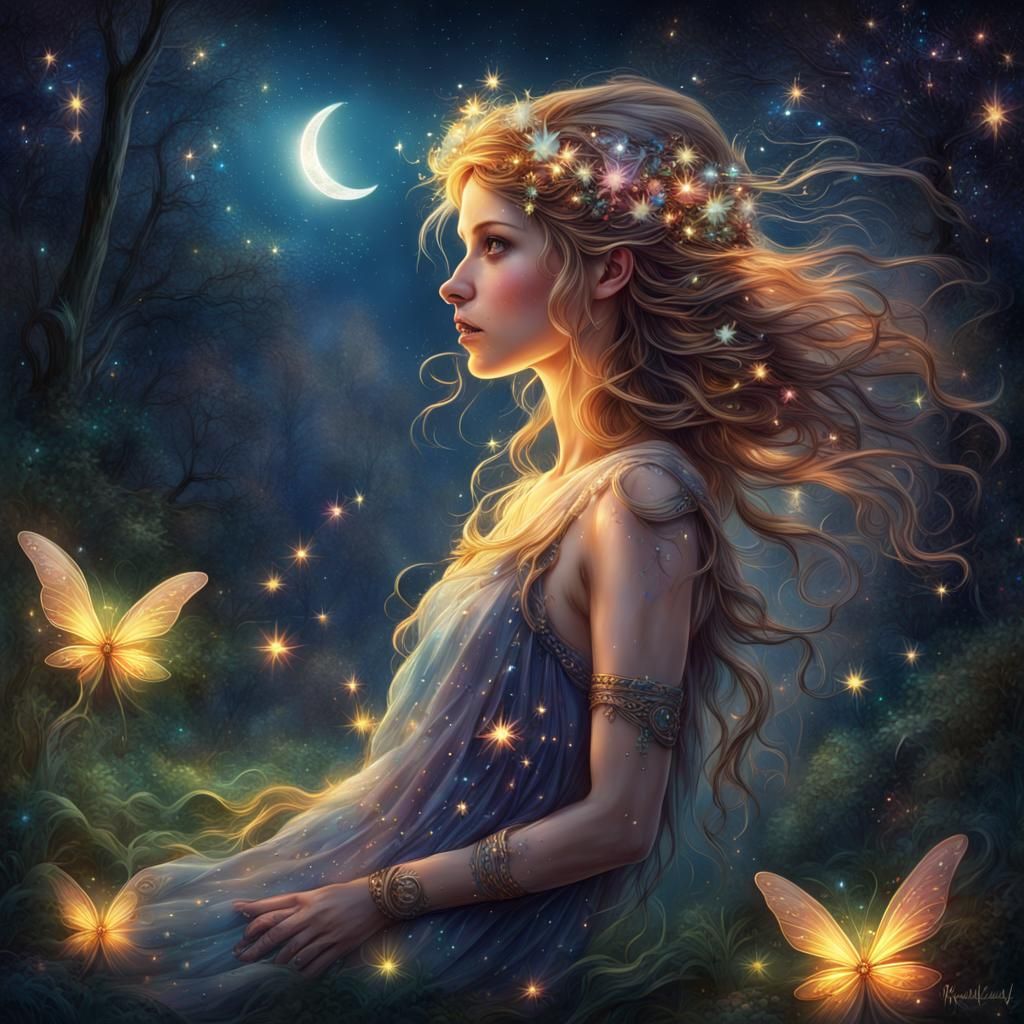 Enchanting Fairy with Fireflies in Starry Night
