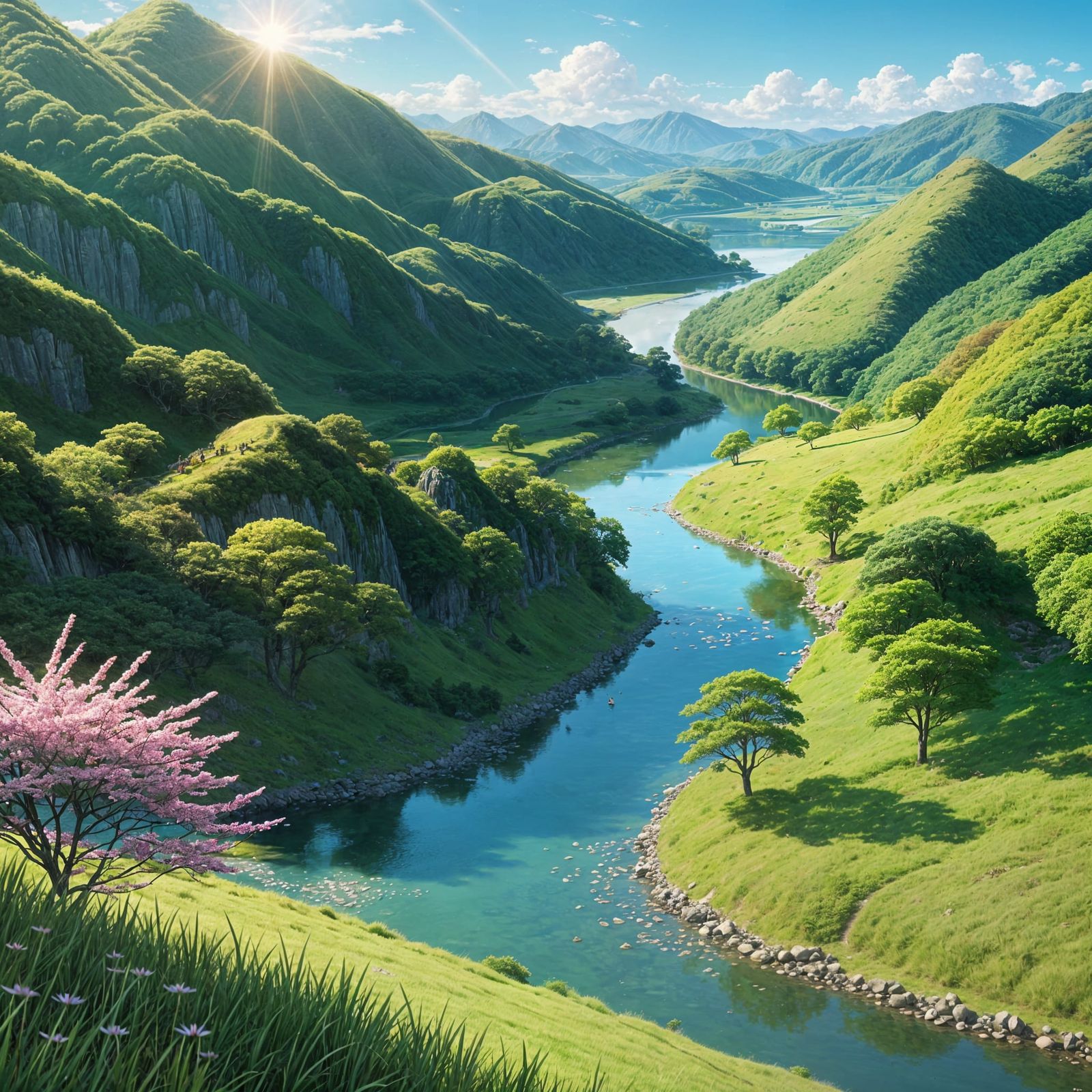 Spring Landscape with Dragonflies in Anime Style