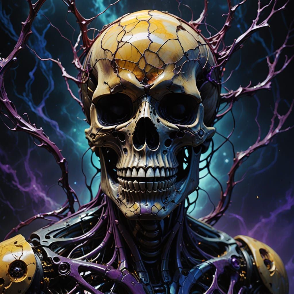 Surreal Marble Skull with Quantum Network in Low Poly Art