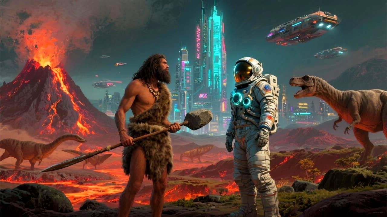 Caveman Meets Astronaut in Surreal Time Split Scene