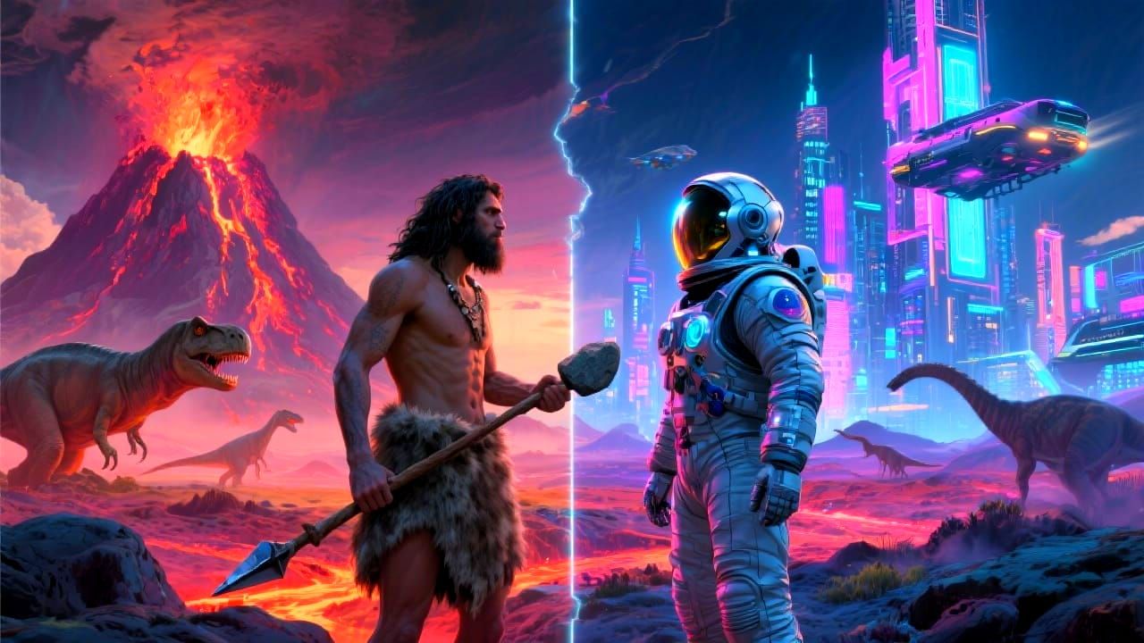 Caveman Meets Astronaut in Surreal Time Collision