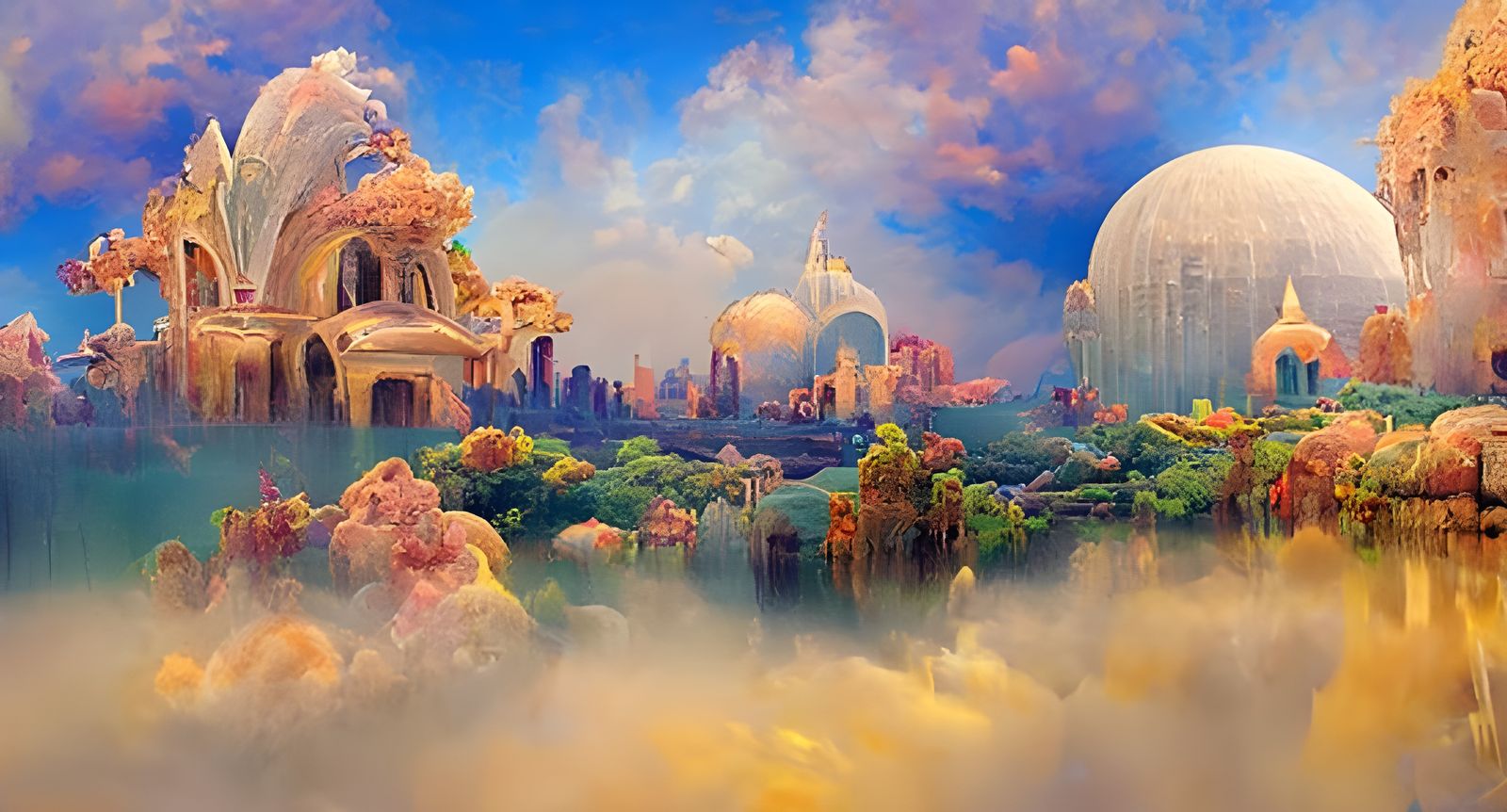 Futuristic Rococo Cityscape with Ethereal Lighting