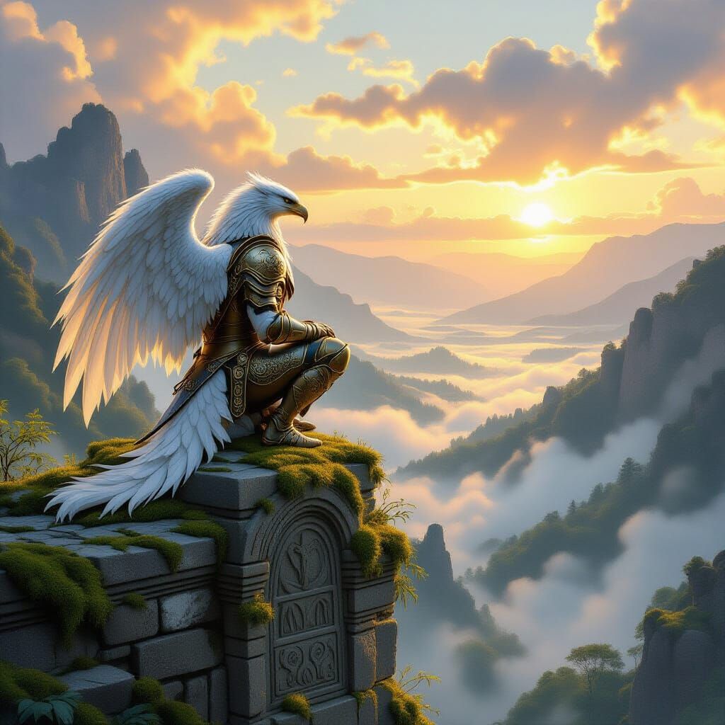 Majestic Griffin Overlooking Misty Valley at Dawn