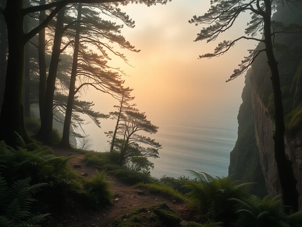 Misty Coastal Cliffs in Golden Light