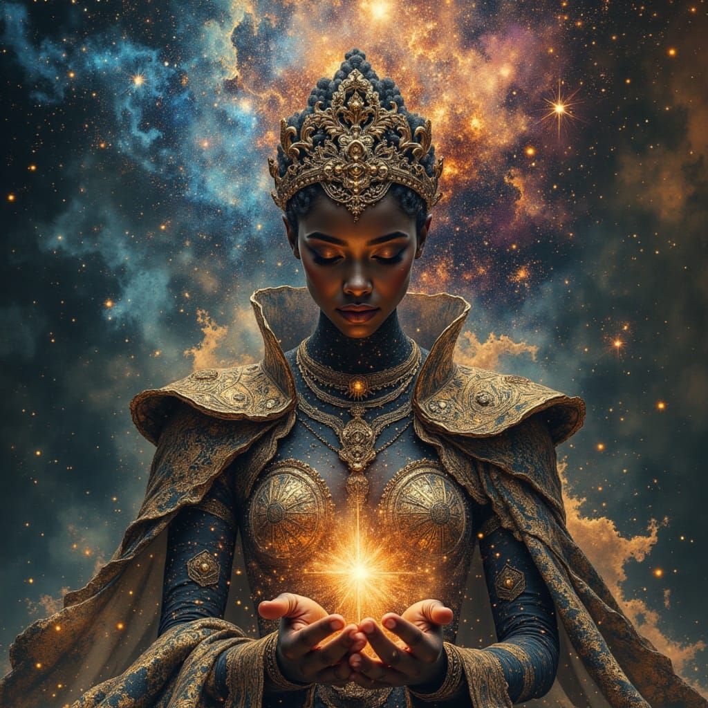 Majestic African Queen on Stardust Throne