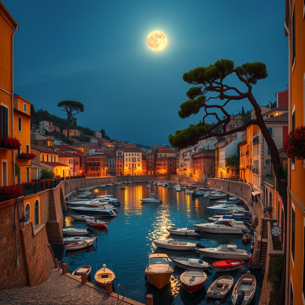 Mediterranean Harbor at Dusk with Full Moon and Boats