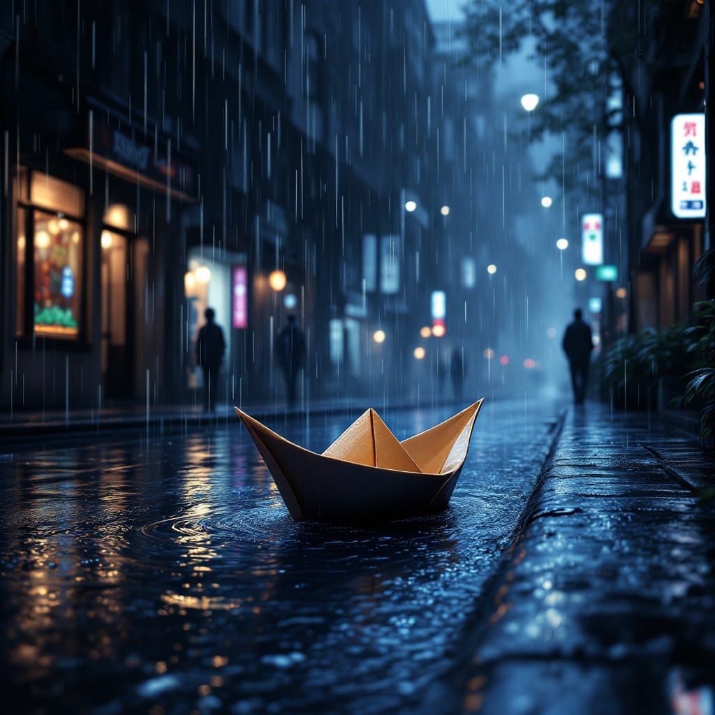 Fantastical Cityscape with Origami Boat Adrift in Rainy Nigh...