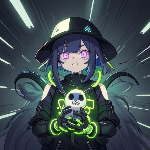 Cyberpunk Anime Catgirl with Metallic Teeth and Robotic Scal...