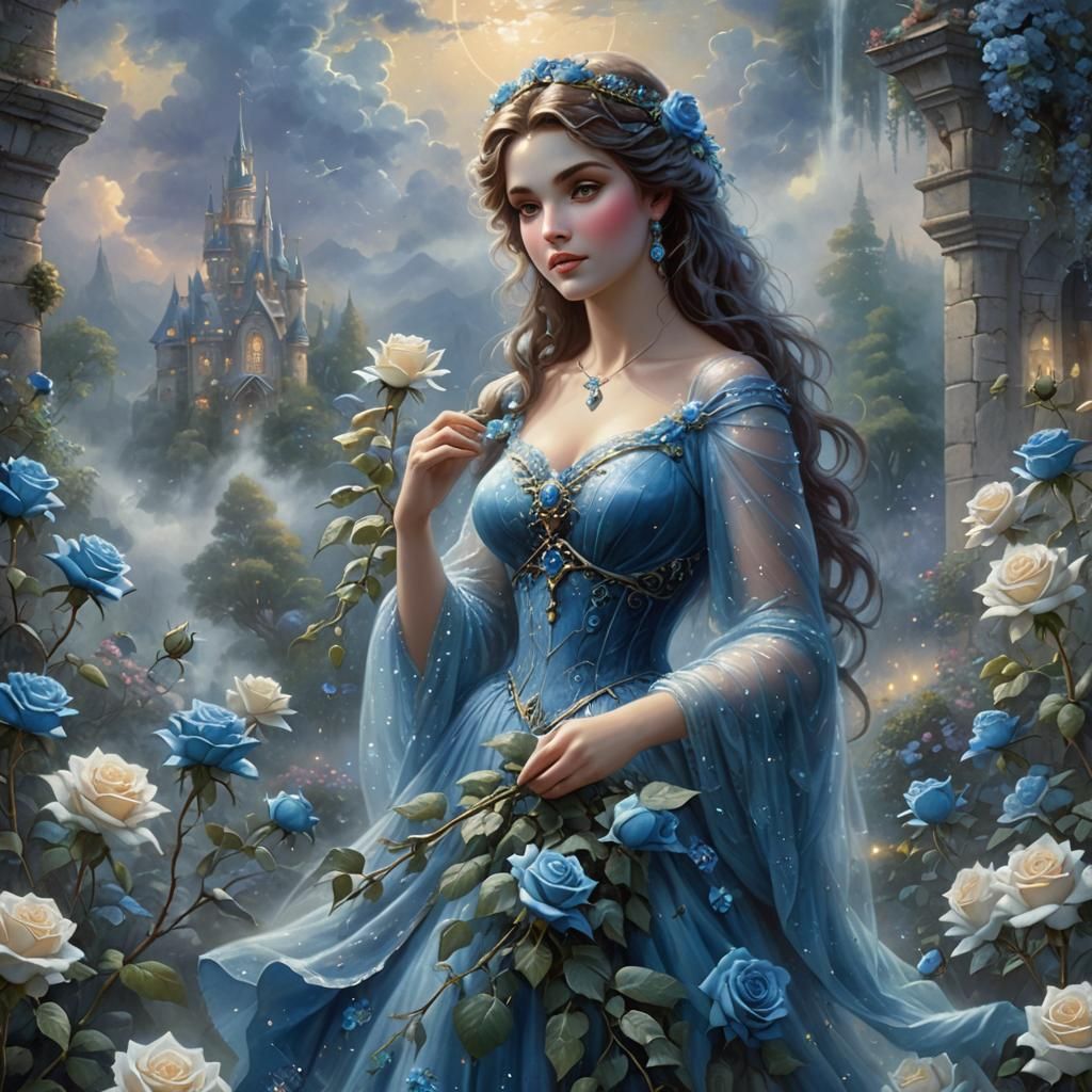 Ethereal Goddess of Blue Roses in Fantasy Style