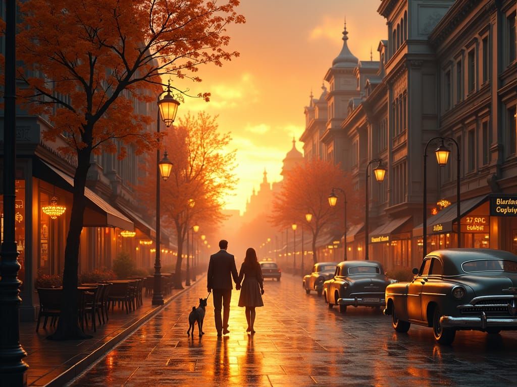 Victorian City Sunset: Classic Cars and Golden Glow