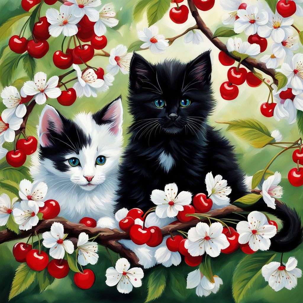 Kittens Under Cherry Tree with Red Blossoms