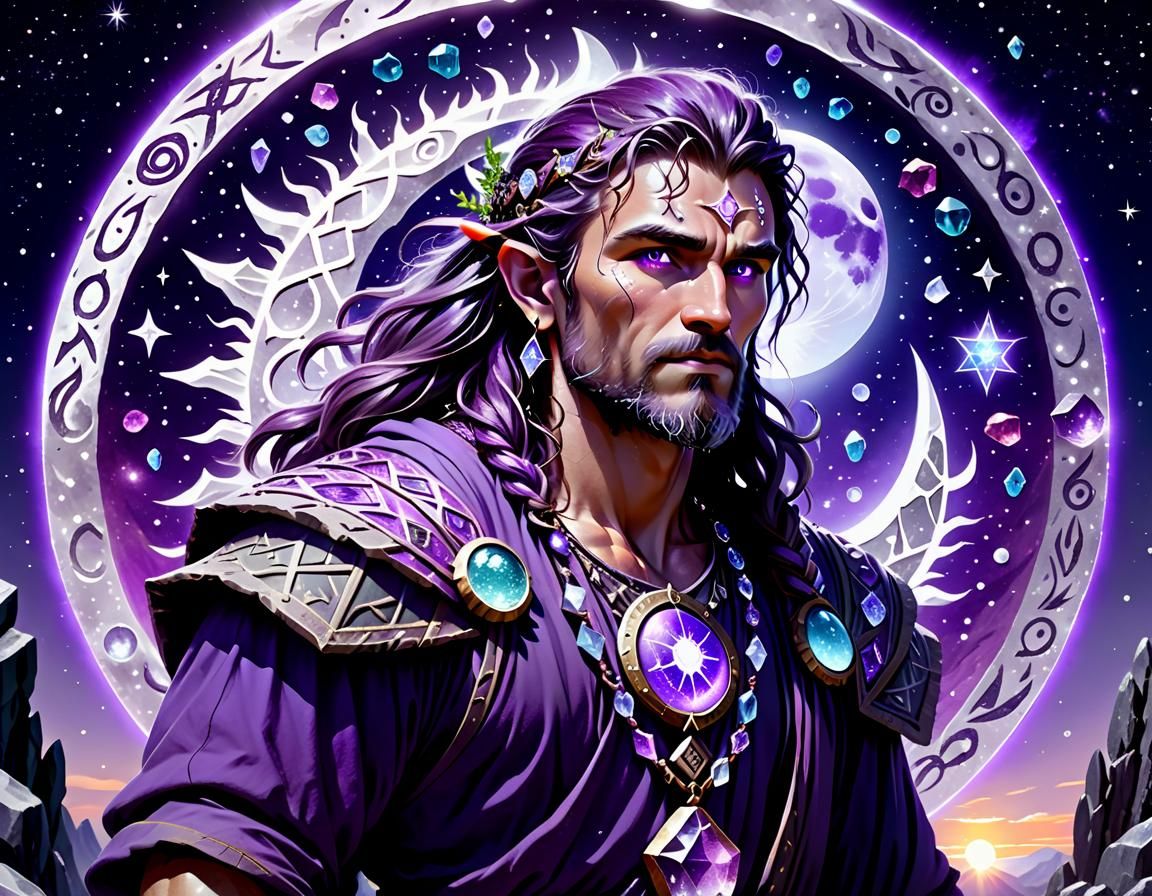 Purple Druid with Crystals, Moon, Sun, and Stars