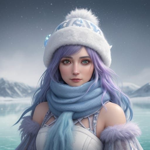 Whimsical Baby Mammoth Skating on a Frozen Lake in Vibrant F...