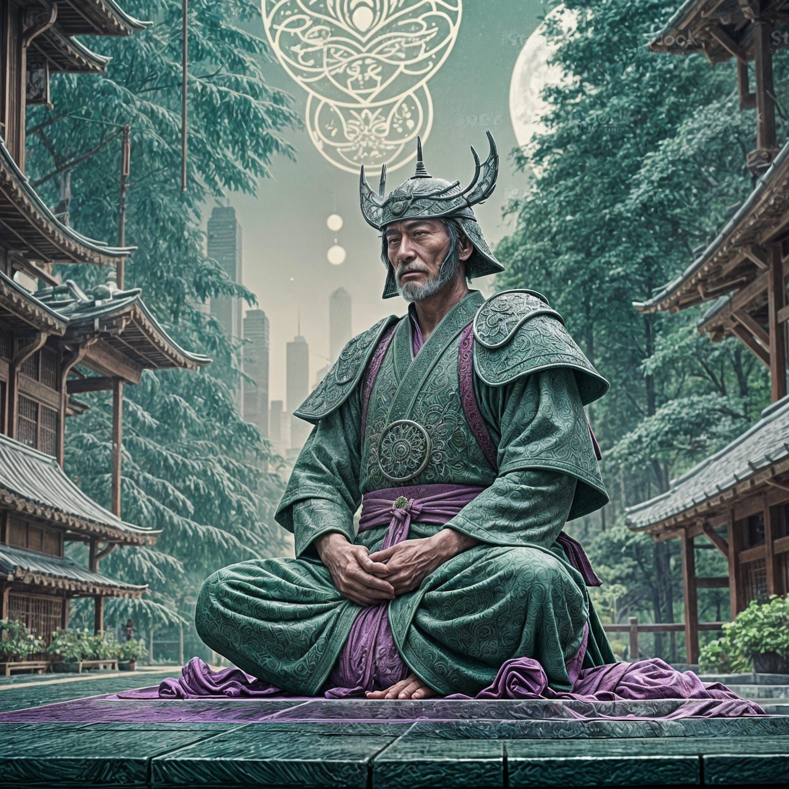 Wise old samurai sitting in lotus position volumetric lighting Moebius green and magenta chalk art stock photo rendered ...