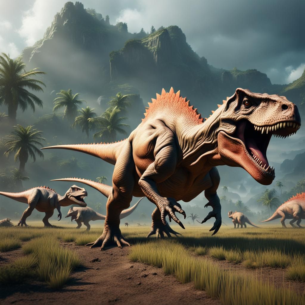 Dinosaurs Walking on Fields: Detailed Matte Painting