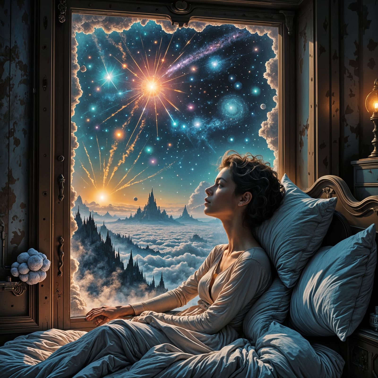 A Cosmic Bedroom Panorama in Hyperrealistic Style