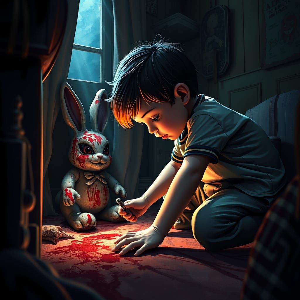 Child Avoids Menacing Bunny in Detailed Matte Painting