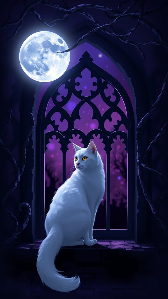 Ethereal White Cat Amidst Gothic Arch Window