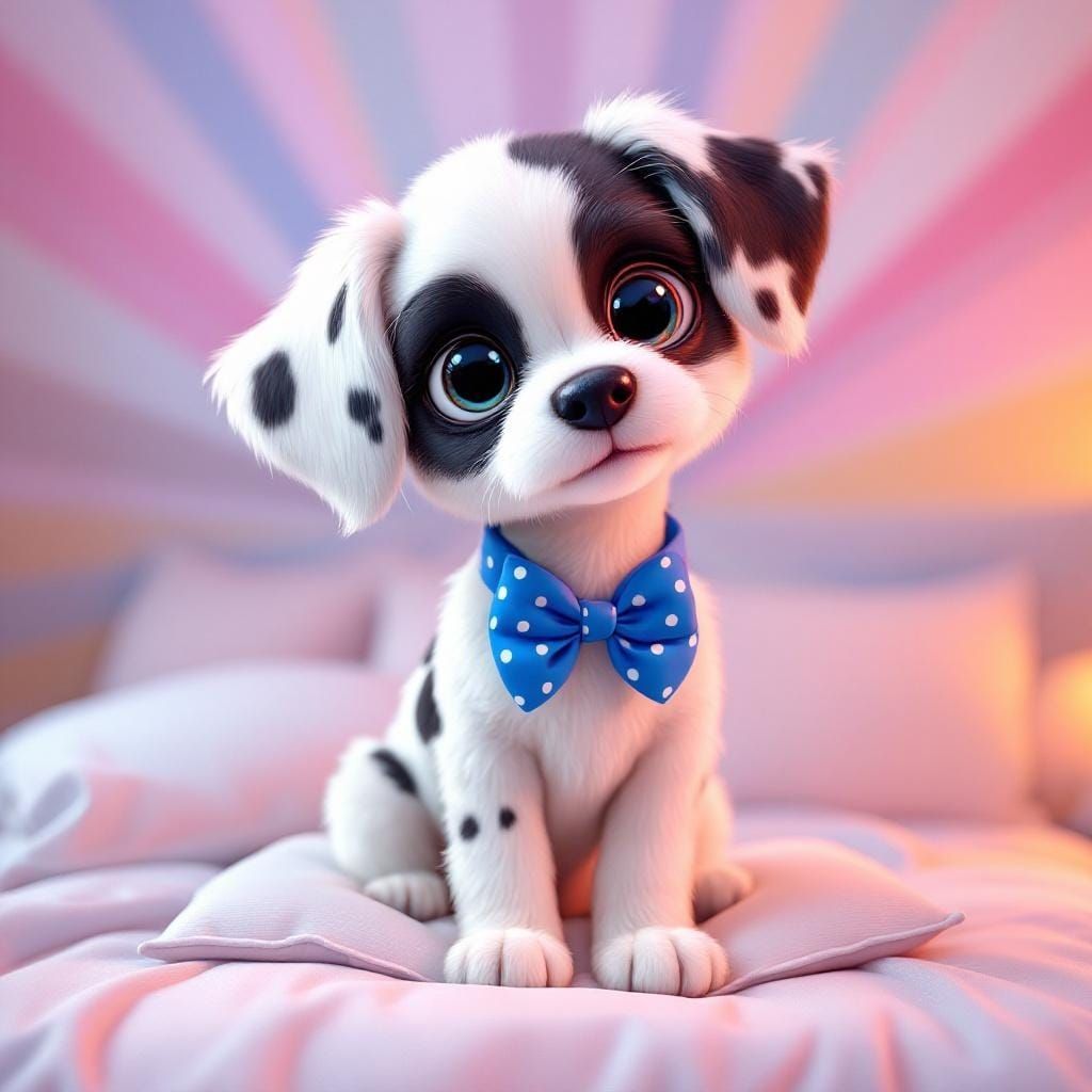Whimsical Dog with Blue Bow in 3D Style