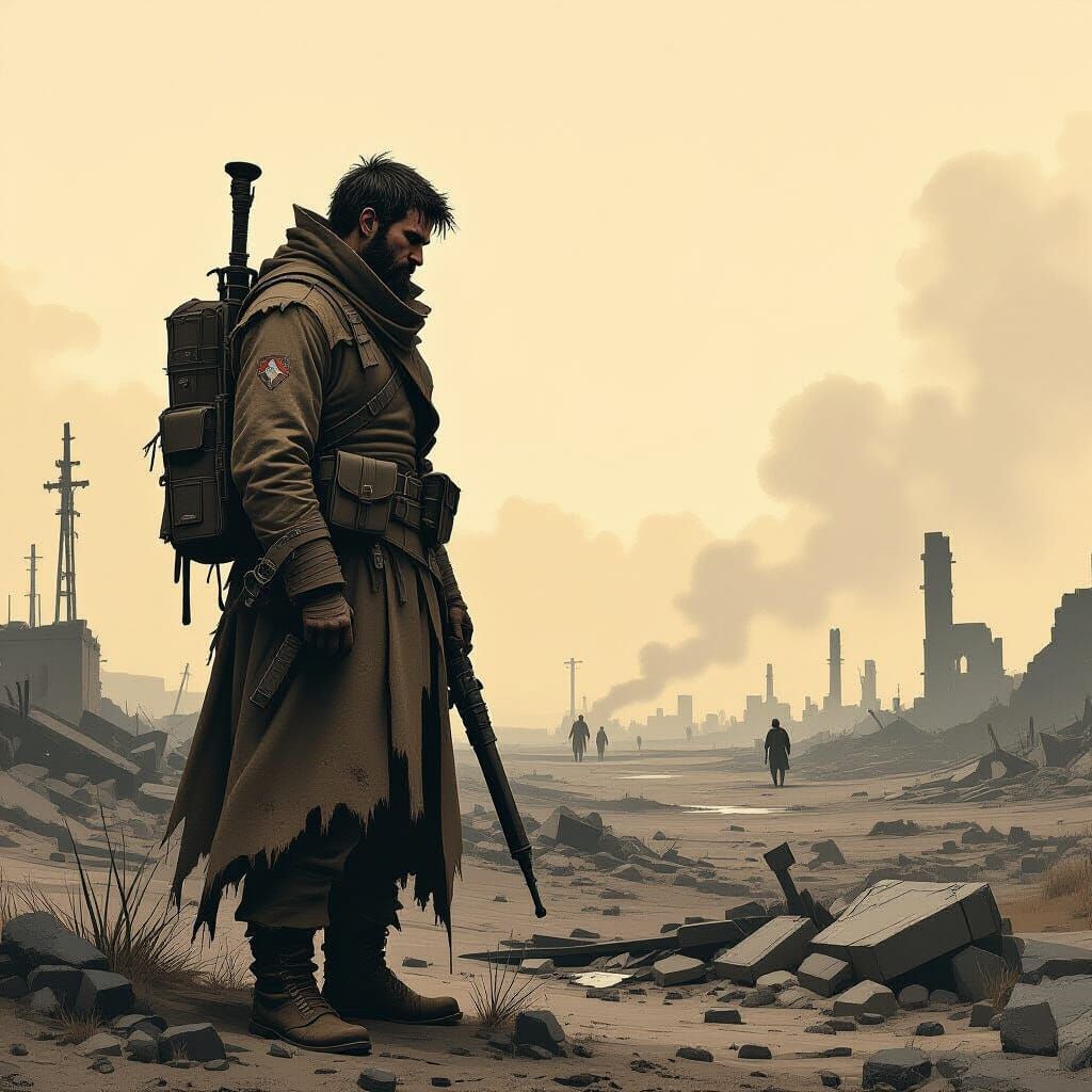 Worn Strategist in Desolate, War-Torn Landscape