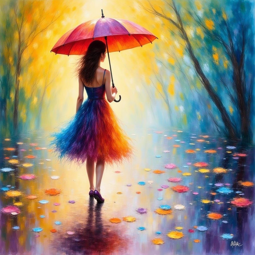 Dreamy Gouache Painting of Woman Blending with Rainbow Umbre...