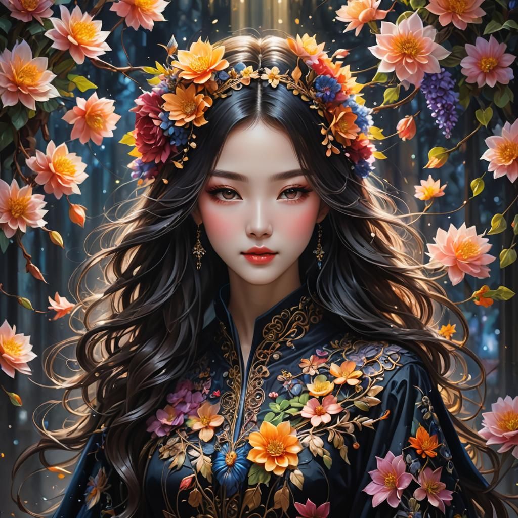 Anime Woman in Glowing Coat with Floral Backdrop