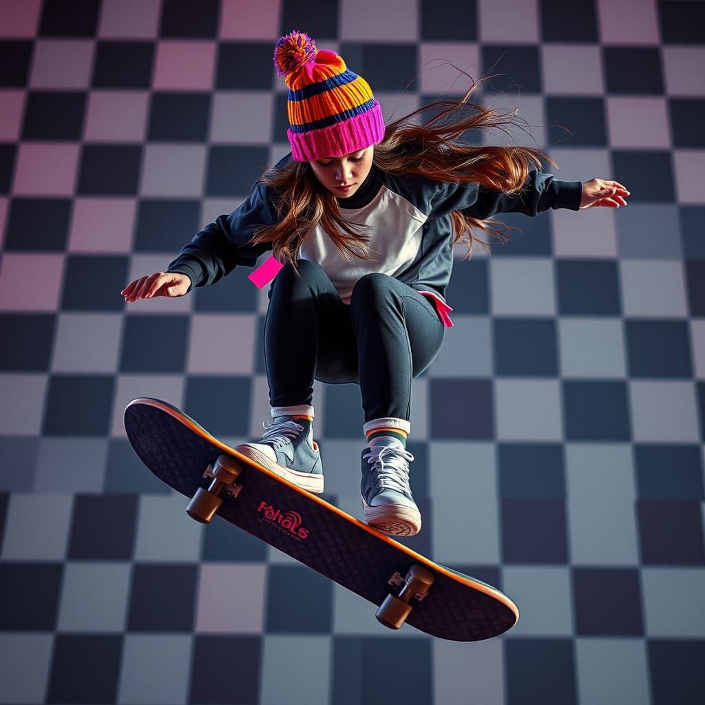Female Skater in Mid-Air with Retro 90s Flair
