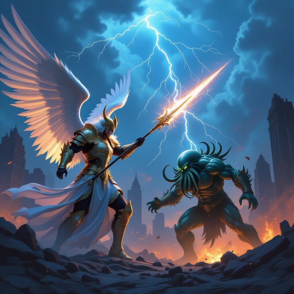Celestial Angel Battles Cosmic Cthulhu in Epic Fantasy Art