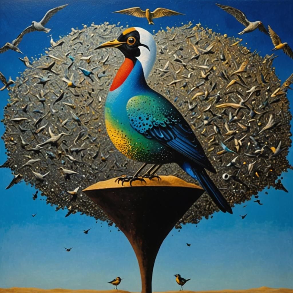 Surreal Metal Birds in Kinetic Pointillism Style