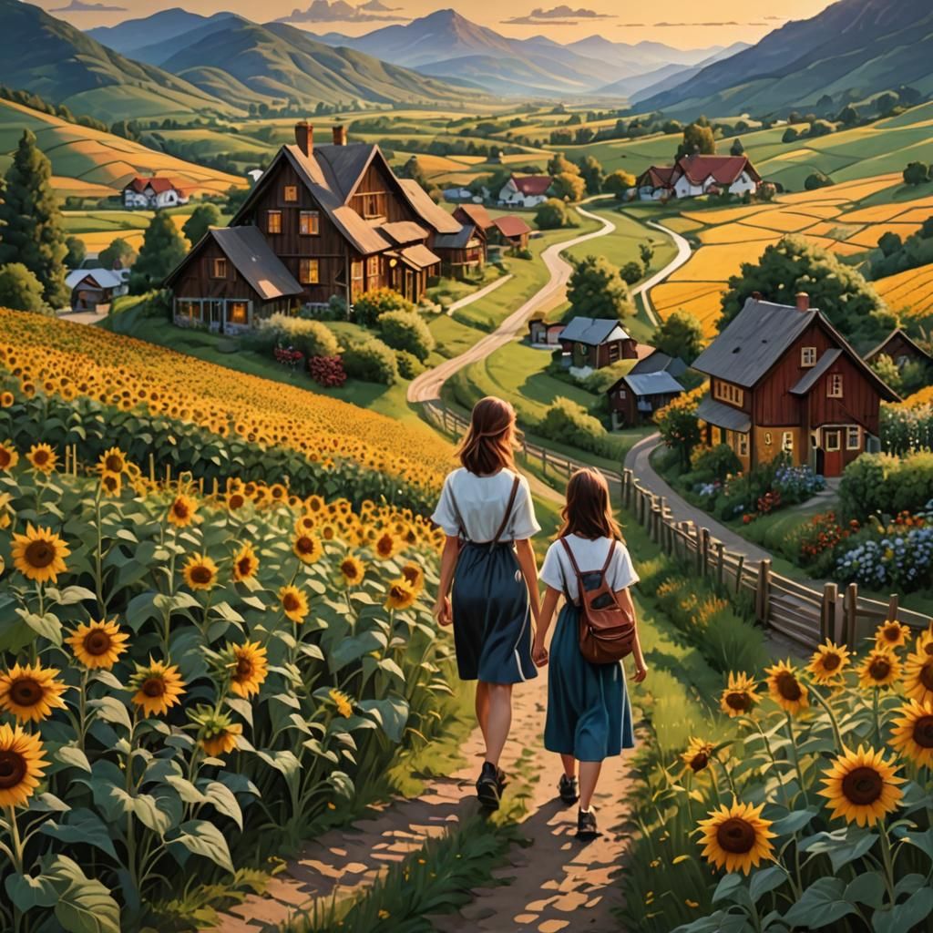 Girls Walking Through Sunflower Field at Sunset