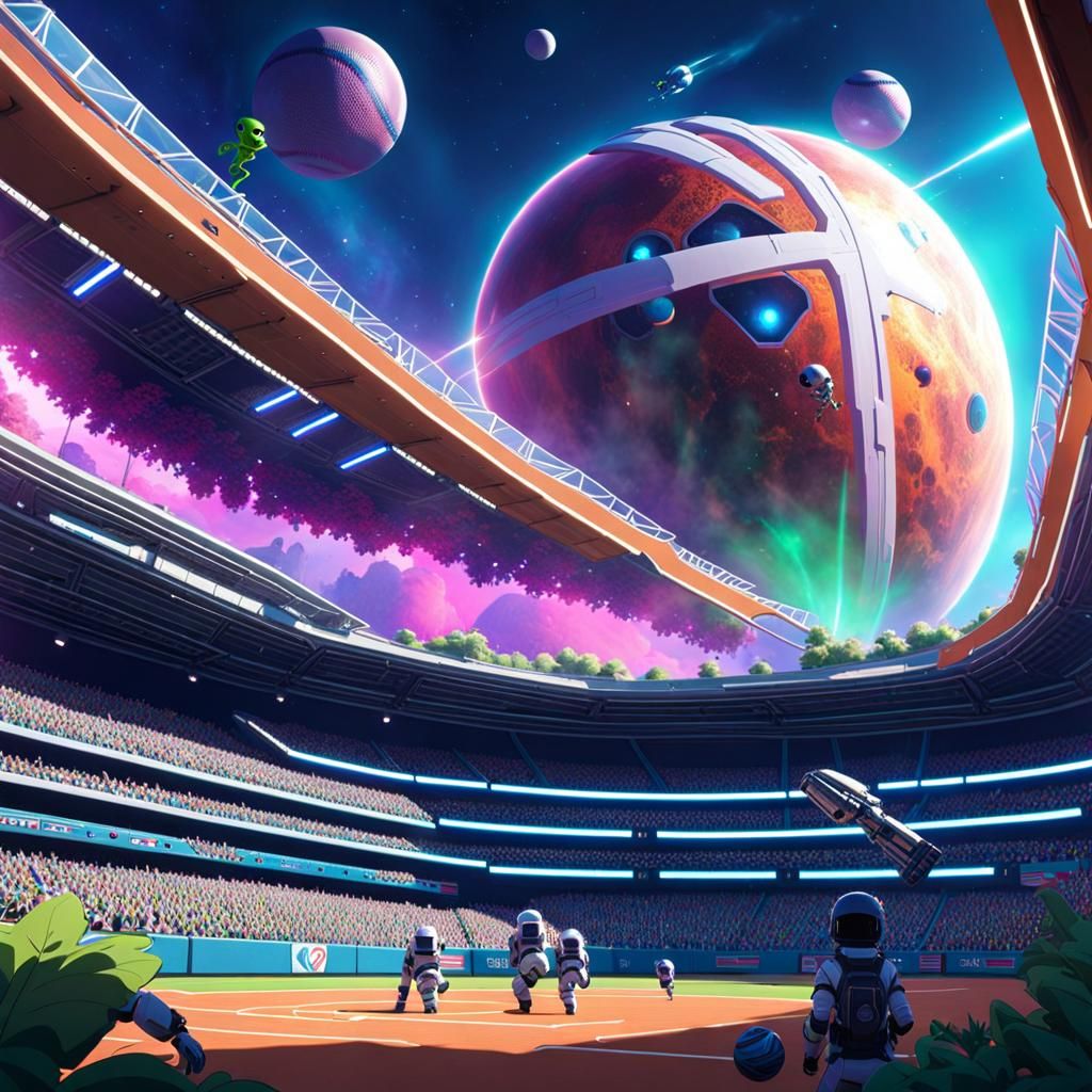Sci-Fi Baseball Game on Space Station in Graffiti Art