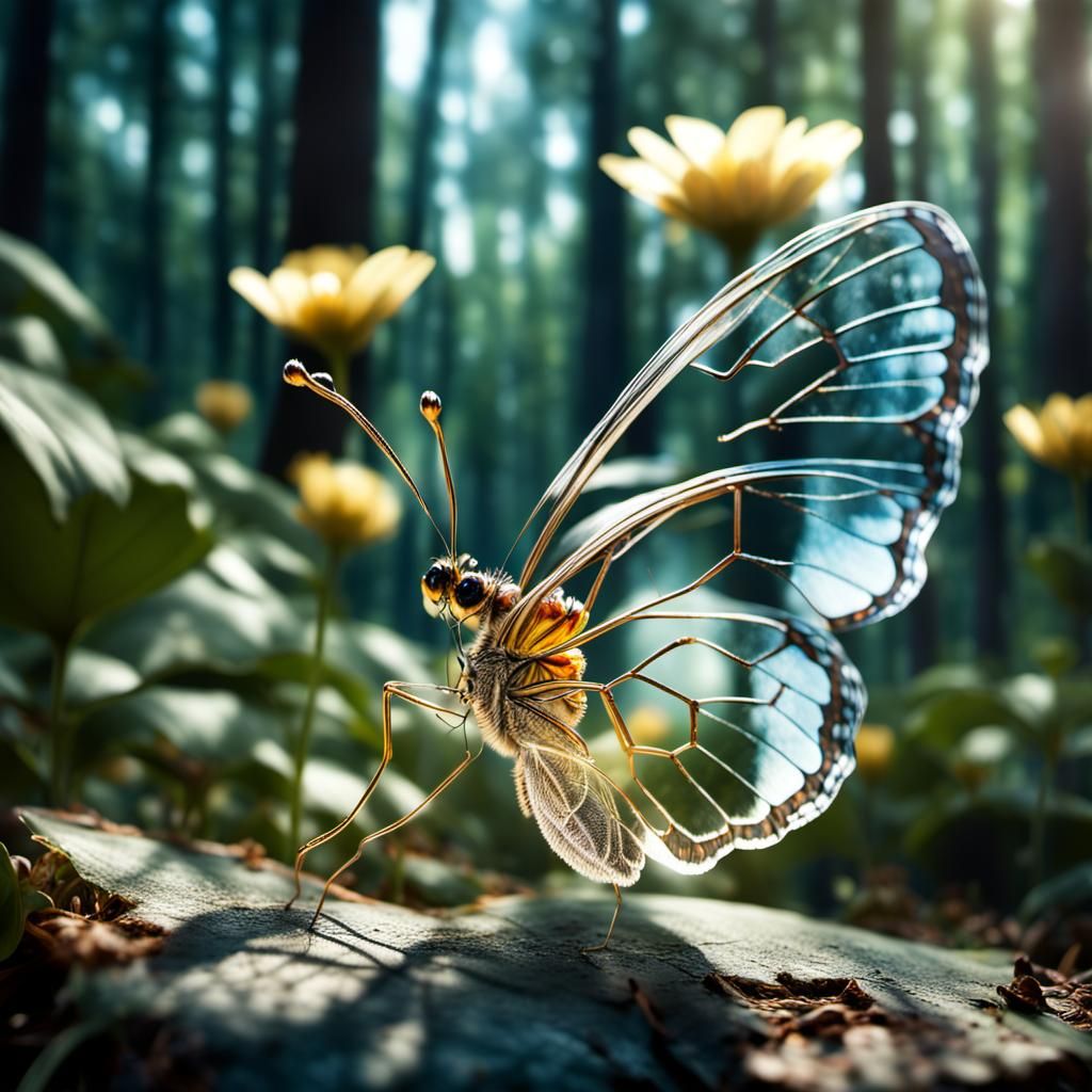 Photorealistic Crystal Butterfly in a Sunlit Forest
