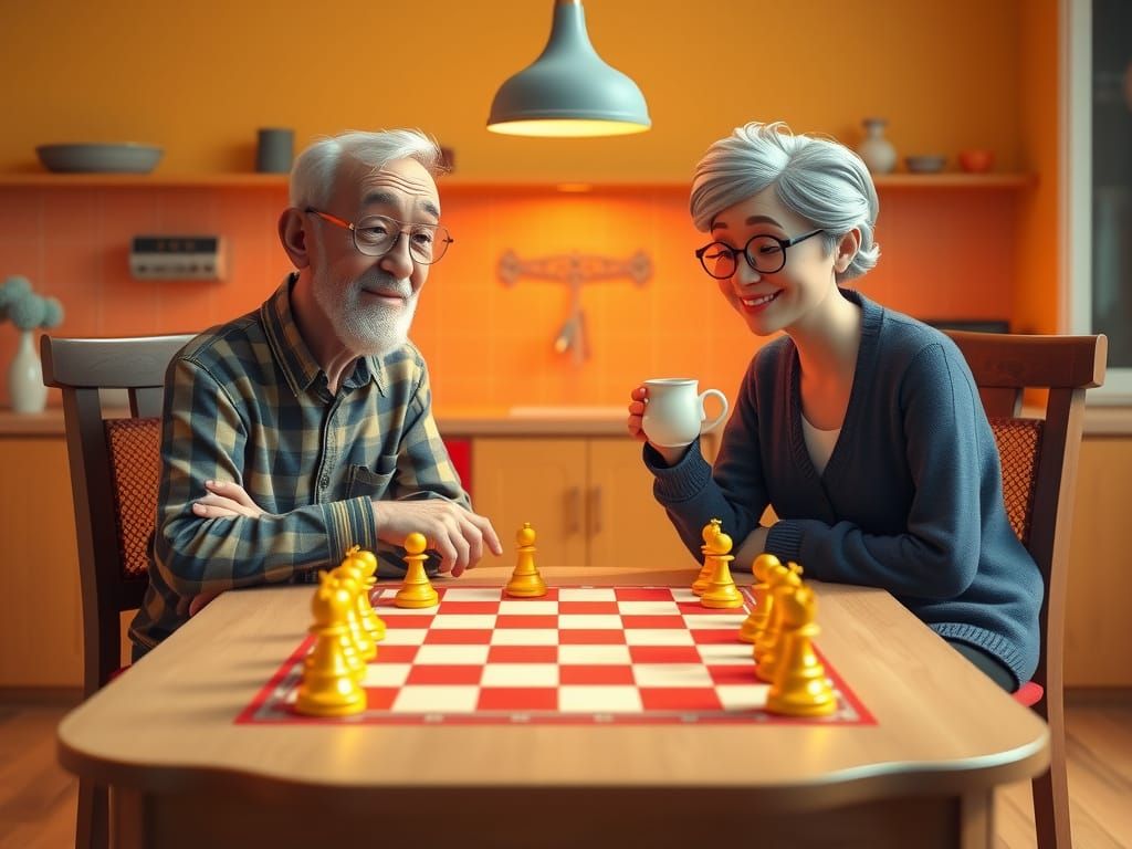 Elderly Couple Plays Chess in a Whimsical Pixar-Style Scene
