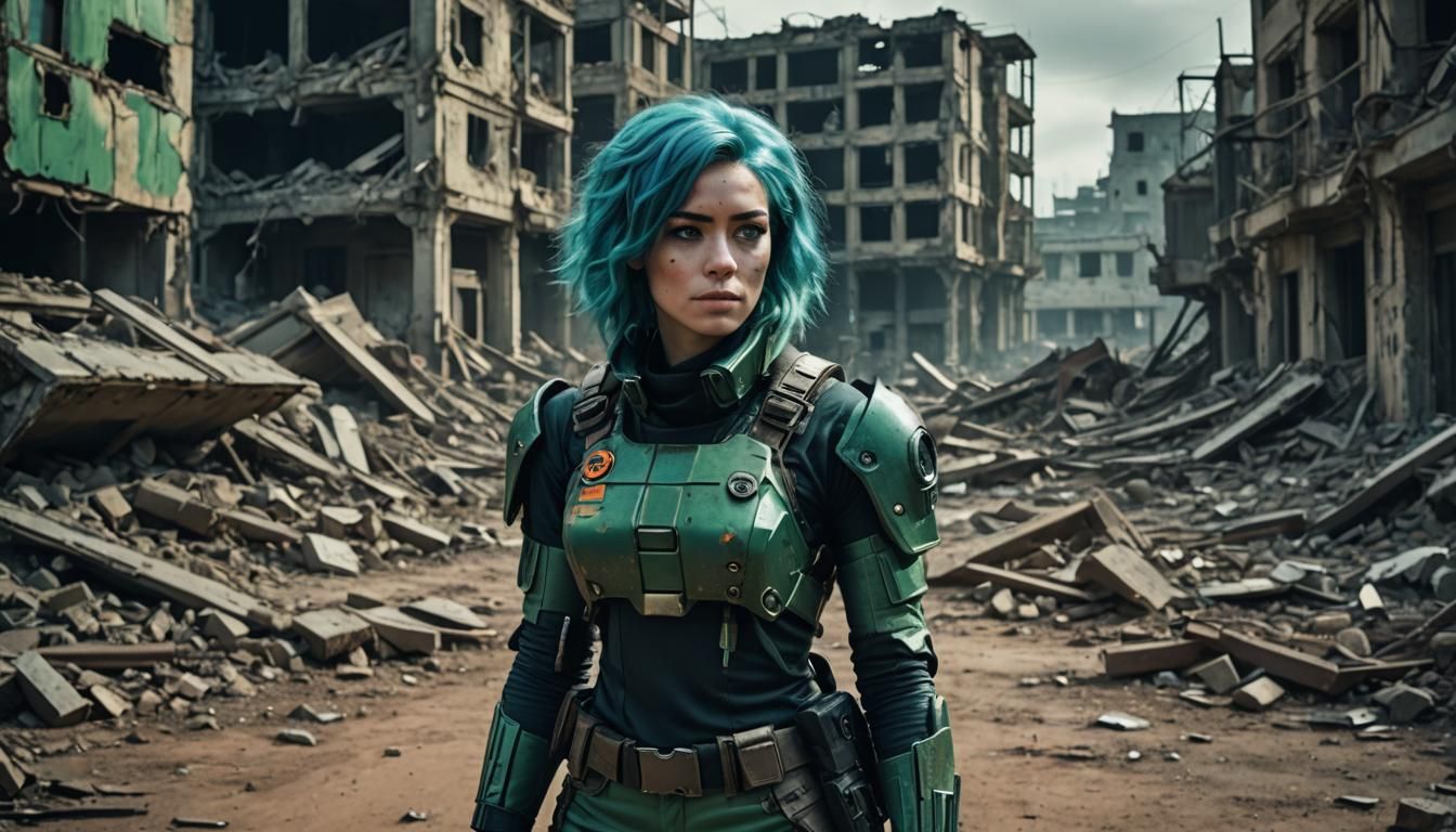 Sad Cyborg Revolutionary in Ruined City: Sci-Fi Portrait