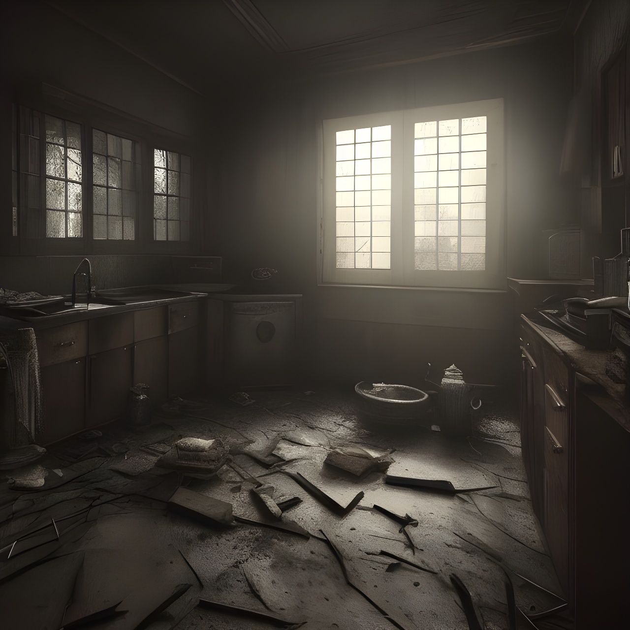 Dark Post-Apocalyptic House Interior in Photorealistic Style