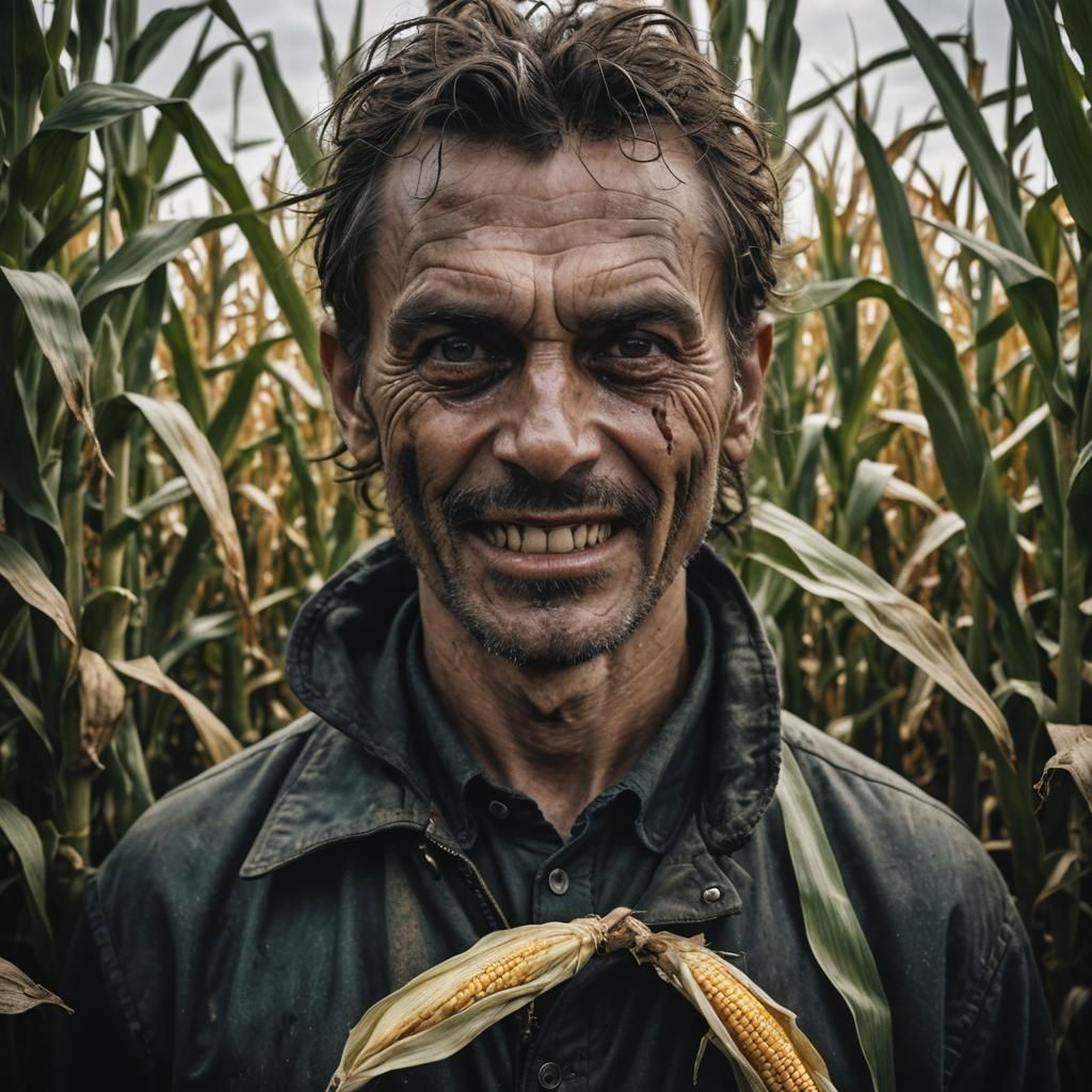 Scary Killer Portrait in Cornfield, Serious Close-Up
