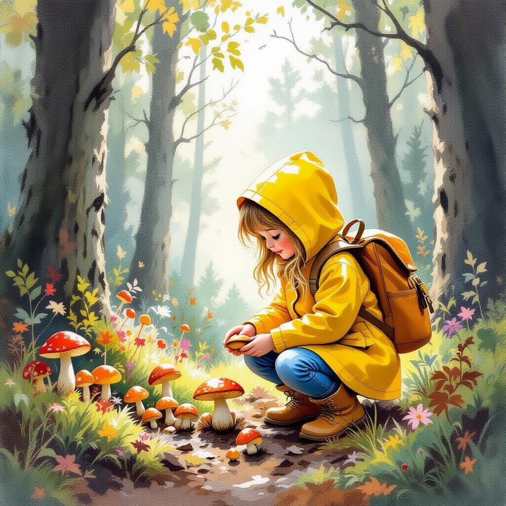 Child Mushroom Forager in Enchanted Forest, Potter Style