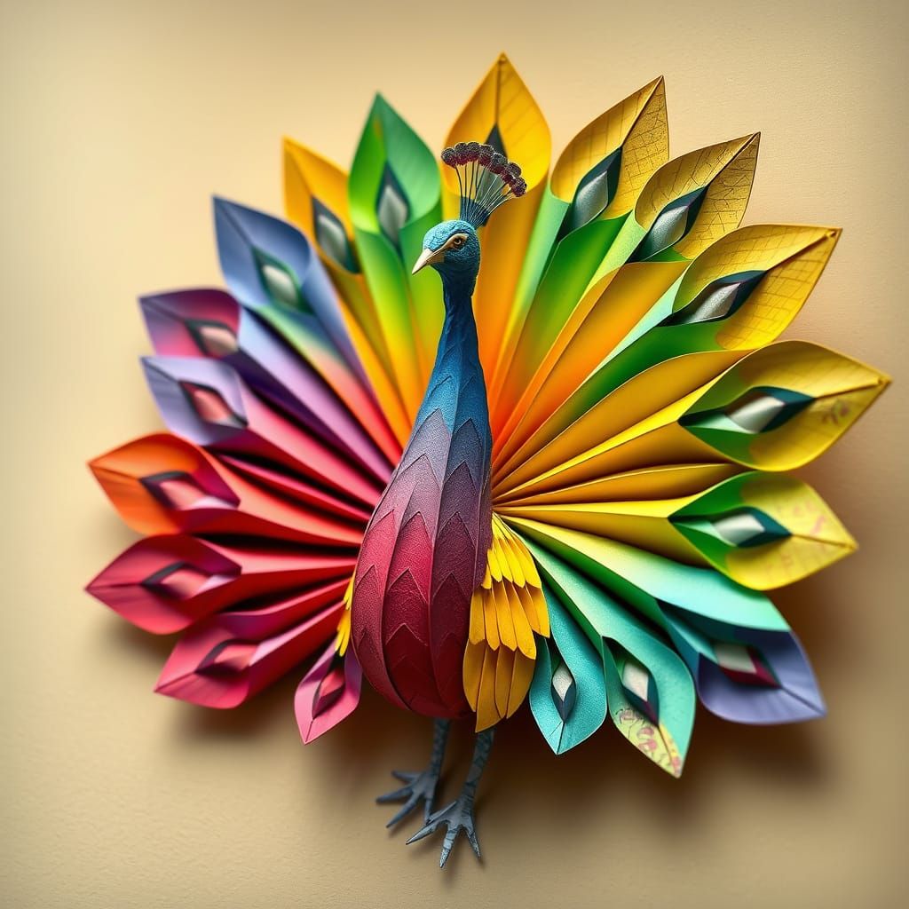 Rainbow Origami Peacock with Vibrant Colors