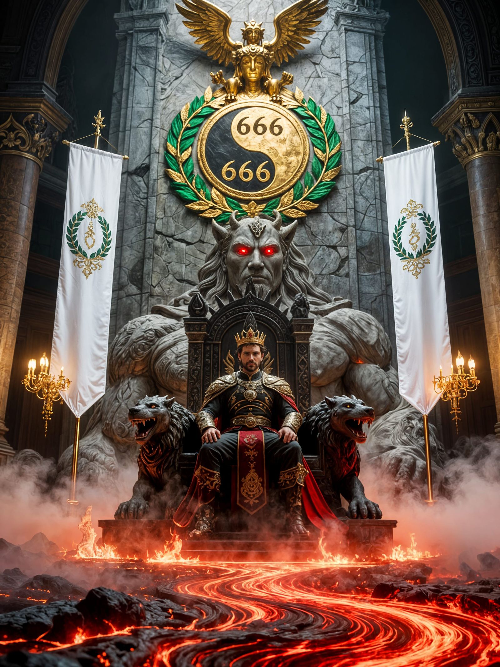 Regal Man on Beast Throne with Fiery Lava Floor