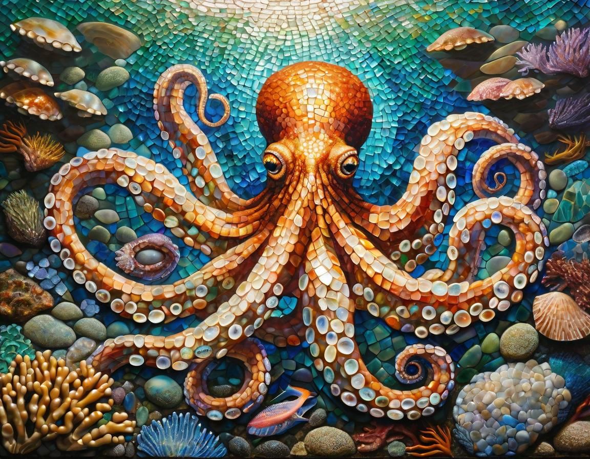 Detailed Octopus Mosaic with Coral and Fish