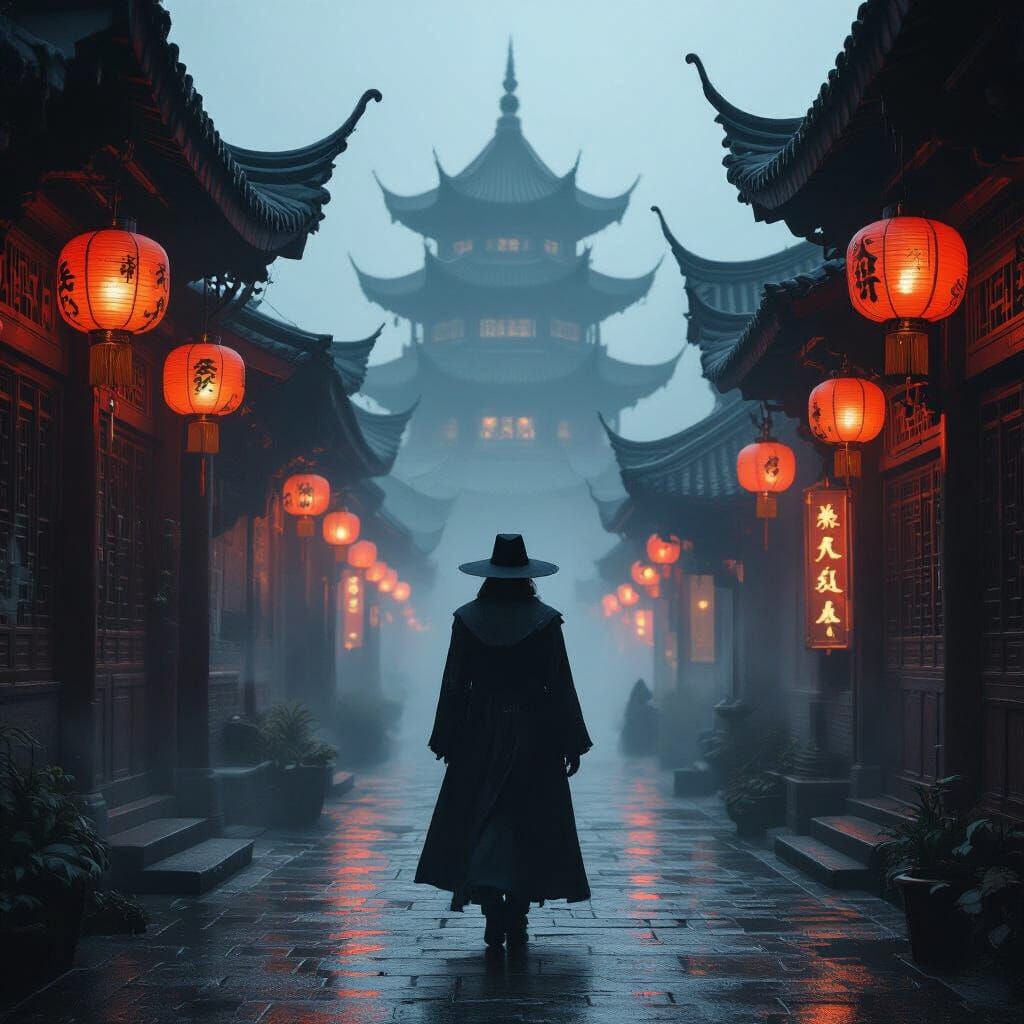 Gothic Victorian Figure in Misty Ancient China Streets