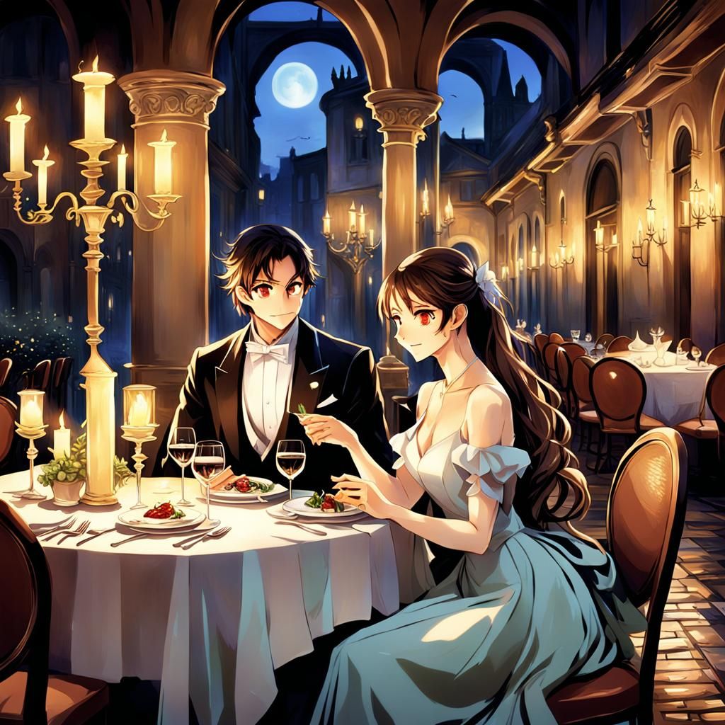 Romantic Italian Dinner in Anime Style