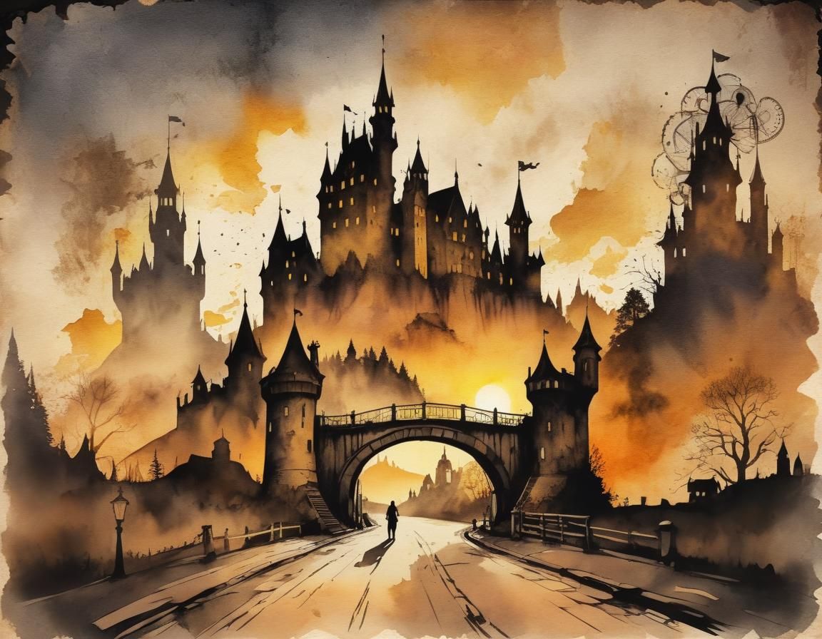 Scandinavian Castle Silhouette in Steampunk Ink Style