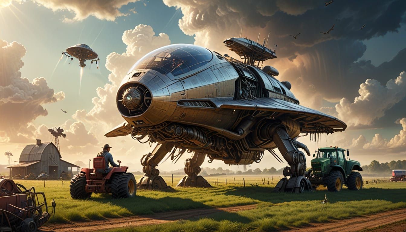Alien and Farmer Repair Spaceship in Rural Landscape