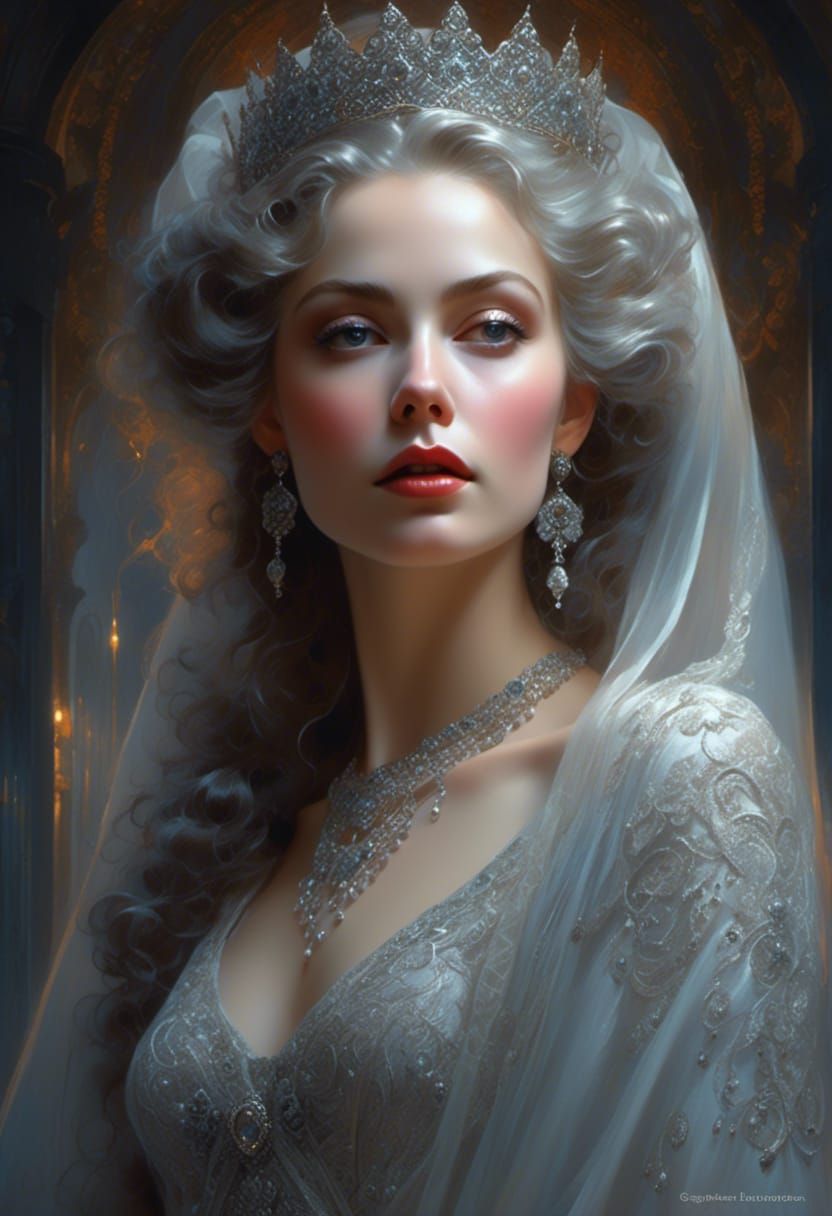 Luminous Grey Lady Portrait with Intricate Details