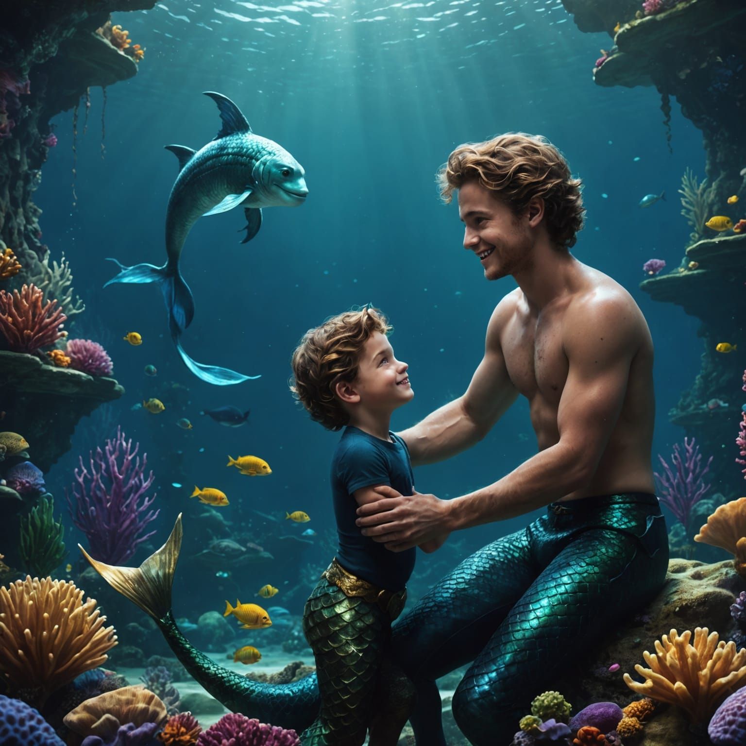Boy Meets Mermaid in Deep Sea Fantasy Art