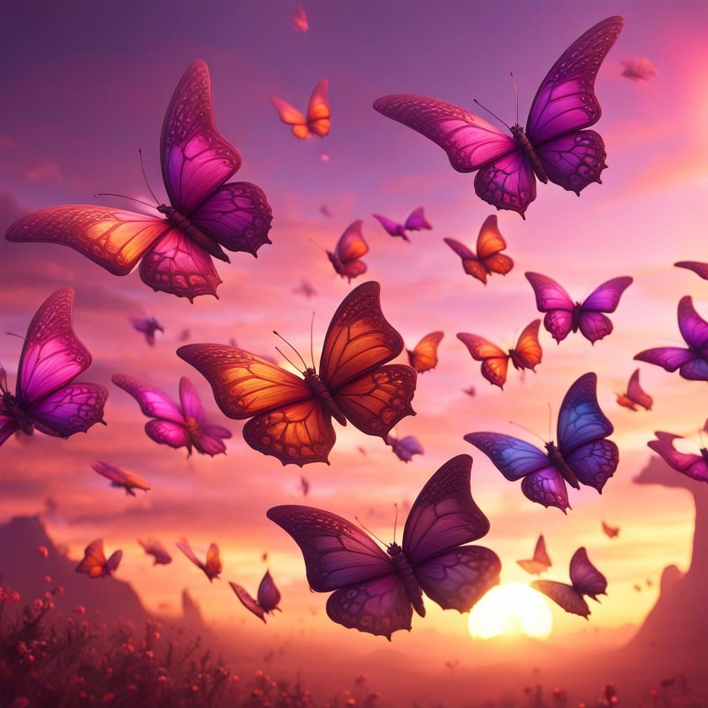 Rainbow Butterflies in a Fantastical Sunset Landscape